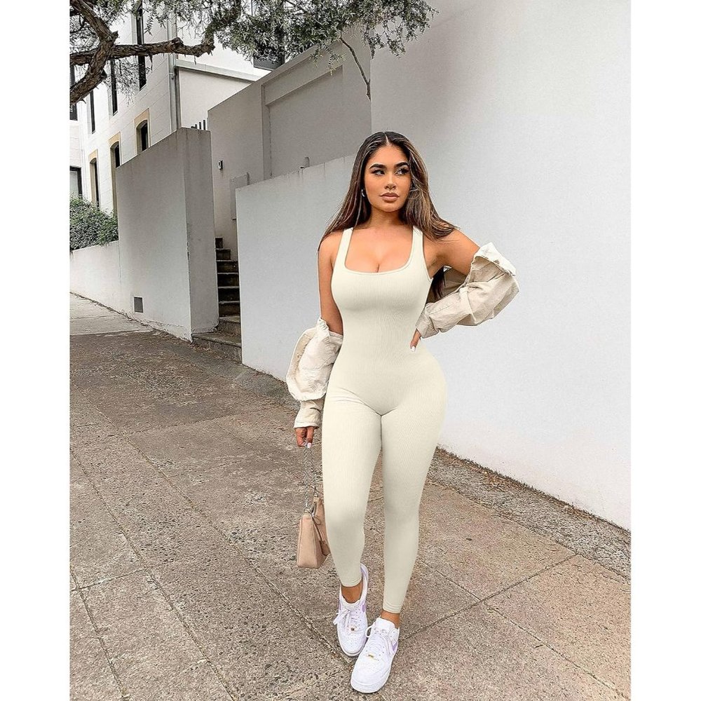 Women Beige One Piece Square Neck Yoga Ribbed Bodycon Leggings Romper